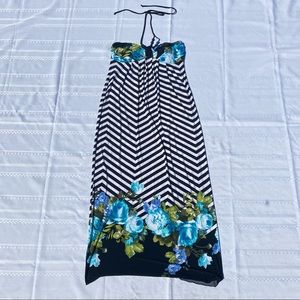 SAINT TROPEZ WEST Black & White Halter Dress with Blue Floral Accent